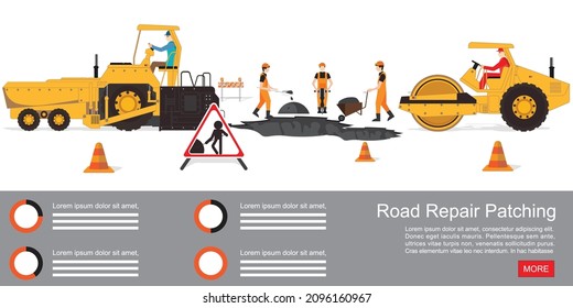 Workers change the asphalt isolated on white, repair the road surface. Road roller makes the paving on street.Road under construction flat style design Vector illustration.