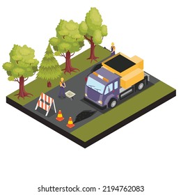 Workers change the asphalt isometric 3d vector illustration concept for banner, website, illustration, landing page, flyer, etc.