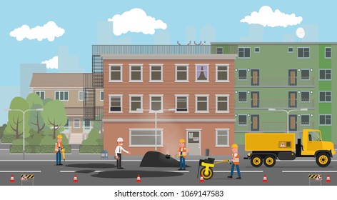 Workers change the asphalt, repair the road surface. Vector illustration, a flat style design.
