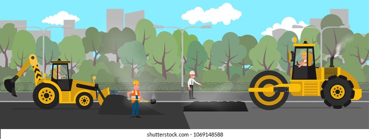 Workers change the asphalt, repair the road surface. Vector illustration, a flat style design.
