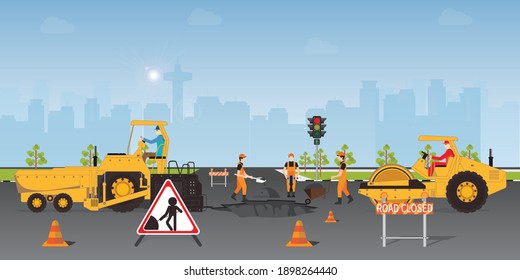 Workers change the asphalt  repair the road surface  Road roller makes the paving street Road under construction flat style design Vector illustration 