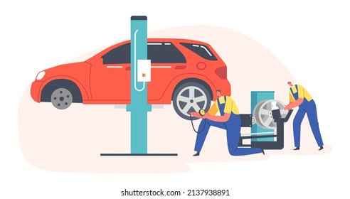 Workers Change and Measure Pressure in Car Tires at Mechanic Garage. Male Characters Wear Uniform Mount Tyres at Workshop, Automotive Vehicle Repair Service. Cartoon People Vector Illustration