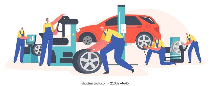 Workers Change Tires at Garage. Male Characters Wear Uniform Mount Tyres on Car Stand on Lift at Mechanic Workshop, Vehicle Repair, Maintenance and Fixing Service. Cartoon People Vector Illustration