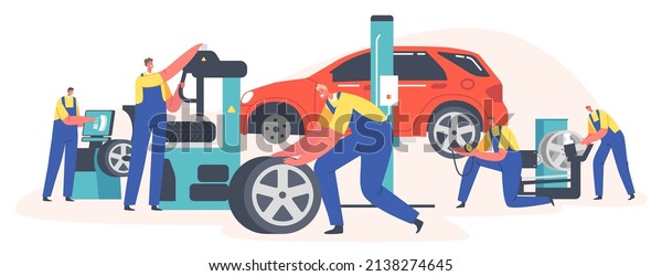 Workers Change Tires at Garage. Male\
Characters Wear Uniform Mount Tyres on Car Stand on Lift at\
Mechanic Workshop, Vehicle Repair, Maintenance and Fixing Service.\
Cartoon People Vector\
Illustration