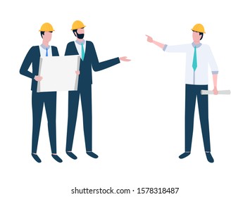 Workers character holding broadsheet, teamwork cooperation, group of people in helmets discussing, employees communication, men organization vector
