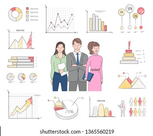 Workers character, set of drawing chart and diagram, graphs report in flat style, closeup view of cartoon man and woman, statistic report vector