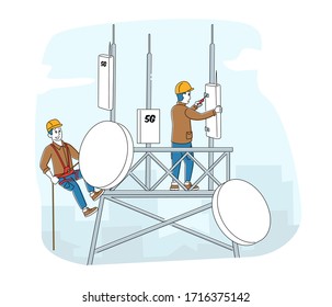 Workers Character Wearing Uniform and Hard Hats Installing Equipment for 5G Internet on Transmission Telecommunication Tower. High-speed Communication Technologies. Linear People Vector Illustration