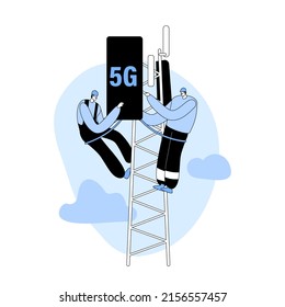 Workers Character Wearing Uniform and Hard Hats Installing Equipment for 5G Internet on Transmission Telecommunication Tower. High-speed Communication Technologies. Linear People Vector Illustration
