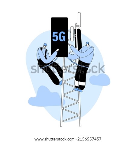 Workers Character Wearing Uniform and Hard Hats Installing Equipment for 5G Internet on Transmission Telecommunication Tower. High-speed Communication Technologies. Linear People Vector Illustration