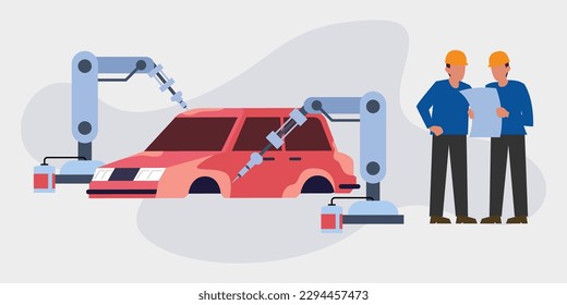 Workers Characters on Car Production Line 2d vector illustration concept for banner, website, illustration, landing page, flyer, etc