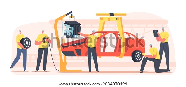 Workers Characters on Car Production Line on\
Plant, Vehicle Manufacture Factory Auto Body Assembly with People\
Manage Automobile Building Process. Transport Engineering. Cartoon\
Vector Illustration