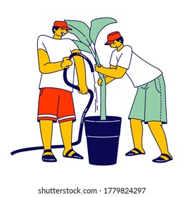 Workers Characters Watering Palm Trees on Banana Plantation in Tropical Country. Labours Working Hard Growing, Care and Harvesting Fruits for Distribution Abroad. Linear People Vector Illustration