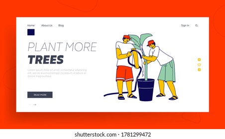 Workers Characters Watering Palm Trees on Banana Plantation in Tropical Country Landing Page Template. Labourers Working Hard Growing, Care and Harvesting Fruits. Linear People Vector Illustration