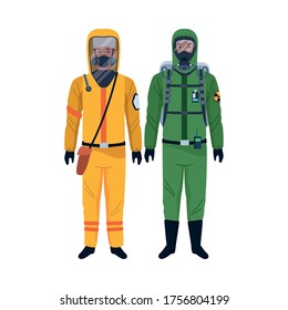 workers characters wearing biosafety suits. Vector illustration design.