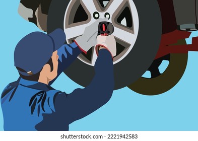 workers checking the condition of the car wheels in the workshop. Maintenance servicing by automotive technician