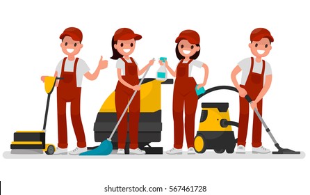 Workers of cleaning company. Vector illustration in a flat style