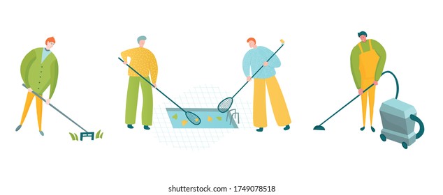 Trabajadores limpiando piscina, cortando hierba y vaciando. Ilustración vectorial para el sitio web o anuncio de la empresa de limpieza.