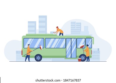 Workers Cleaning And Washing Bus. Vehicle, Detergent, Work Flat Vector Illustration. Service And Public Transport Concept For Banner, Website Design Or Landing Web Page