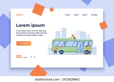 Workers cleaning and washing bus. Vehicle, detergent, work flat vector illustration. Service and public transport concept for banner, website design or landing web page