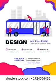 Workers cleaning and washing bus. Vehicle, detergent, work flat vector illustration. Service and public transport concept for banner, website design or landing web page