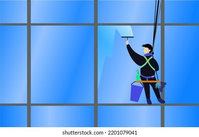 workers cleaning window building, man workers cleaning service windows in high-rise building, vector illustration concept