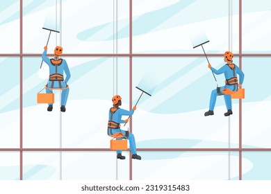 Workers cleaning window, work at height vector illustration. Cartoon industrial alpinists hanging on harness ropes with brush cleaner to clean glass of office facade, characters climbing building