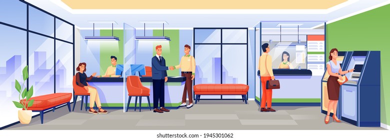 Workers and clients in bank office. Finance services, business department vector illustration. Financial workplace interior background design with counters, atms, chairs indoor.