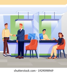 Workers and clients in bank office scene. Finance services, business department vector illustration. Financial workplace interior background. Woman talking with employee at desk, men shaking hands.