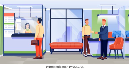 Workers And Clients In Bank Office Scene. Financial Services, Business Department Workplace Vector Illustration. Guy At Counter With Cashier Employee, Men Shaking Hands Indoor.