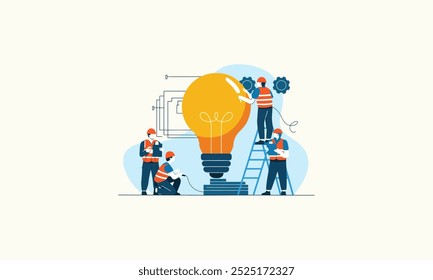 Workers collaboratively building a large light bulb, symbolizing creativity and innovation.