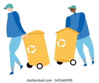 Workers collect garbage and carry containers for recycling. Waste reduction. Vector editable file eps 10