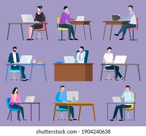 Workers communication with laptop, employee man and woman working with computer. People sitting at desktop, calling and using pc, colleague vector