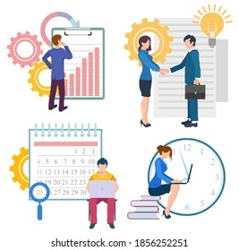 Workers communication with laptop, graph report and calendar icon. Company management and partnership, work deadline, employee handshake, innovation vector