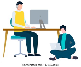 Workers communication with laptop on workplace, international business. Worldwide work, employee using computer, teamwork corporate, office vector