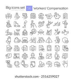 Workers compensation linear icons set. Workplace safety. Medical care. Hospitalization, insurance. Customizable thin line symbols. Isolated vector outline illustrations. Editable stroke