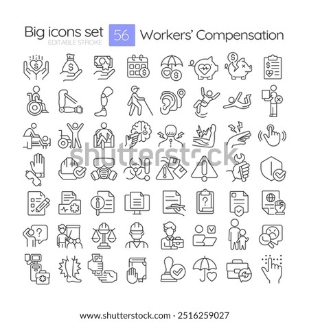 Workers compensation linear icons set. Workplace safety. Medical care. Hospitalization, insurance. Customizable thin line symbols. Isolated vector outline illustrations. Editable stroke