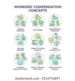 Iconos de concepto multicolor de compensación de trabajadores. Seguridad en el lugar de trabajo, servicio médico. Tratamiento de lesiones. Paquete de iconos. Imágenes vectoriales. Ilustraciones de forma redonda para infografía, presentación. idea Abstractas