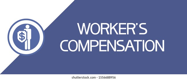Worker`s compensation.
Poster with a man, a symbolic image of a financial sign on a shield and text.