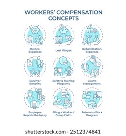 Ícones de conceito azul flexível de remuneração de trabalhadores. Segurança no trabalho, serviço médico. Tratamento de lesões. Pacote de ícones. Imagens vetoriais. Ilustrações de forma redonda para infográfico, apresentação. Ideia abstrata