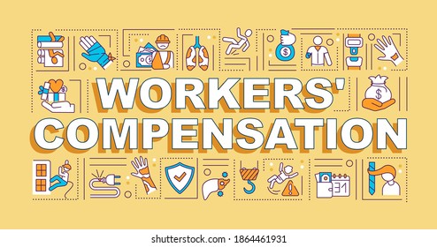 Workers compensation word concepts banner. On-the-job injury. Infographics with linear icons on orange background. Isolated typography. Vector outline RGB color illustration