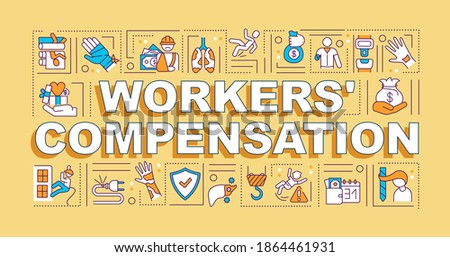 Workers compensation word concepts banner. On-the-job injury. Infographics with linear icons on orange background. Isolated typography. Vector outline RGB color illustration