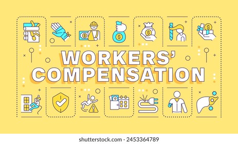 Workers compensation yellow word concept. Business insurance, employees safeguard. Typography banner. Vector illustration with title text, editable icons color. Hubot Sans font used