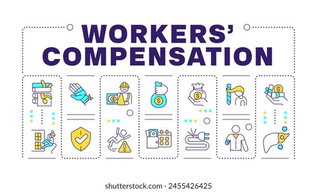 Workers compensation yellow word concept isolated on white. Business insurance, employees safeguard. Creative illustration banner surrounded by editable line colorful icons. Hubot Sans font used