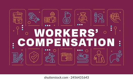 Workers compensation yellow word concept. Business insurance, employees safeguard. Horizontal vector image. Headline text surrounded by editable outline icons