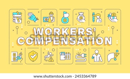 Workers compensation yellow word concept. Business insurance, employees safeguard. Typography banner. Vector illustration with title text, editable icons color. Hubot Sans font used