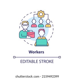 Workers Concept Icon. Category Of Cooperative Members Abstract Idea Thin Line Illustration. Daily Business Operations. Isolated Outline Drawing. Editable Stroke. Arial, Myriad Pro-Bold Fonts Used