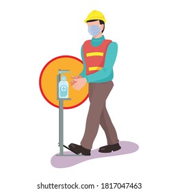 Workers Construction Industry Cleaning Hands With Sanitizer Foot Pump,  illustration vector cartoon