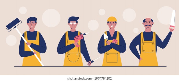 Workers at the construction site dressed in protective vests and helmets. The construction team consists of painters, plasterers, carpenters, electricians.