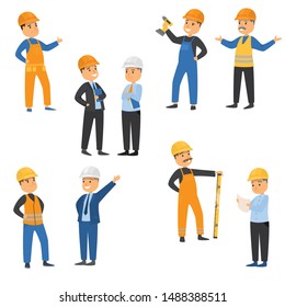Workers at the construction site set. Raster illustration in flat cartoon style