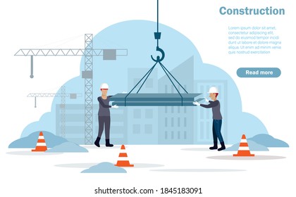 Workers at construction site using crane moving steel plate. Industrial safety and construction technology solution concept